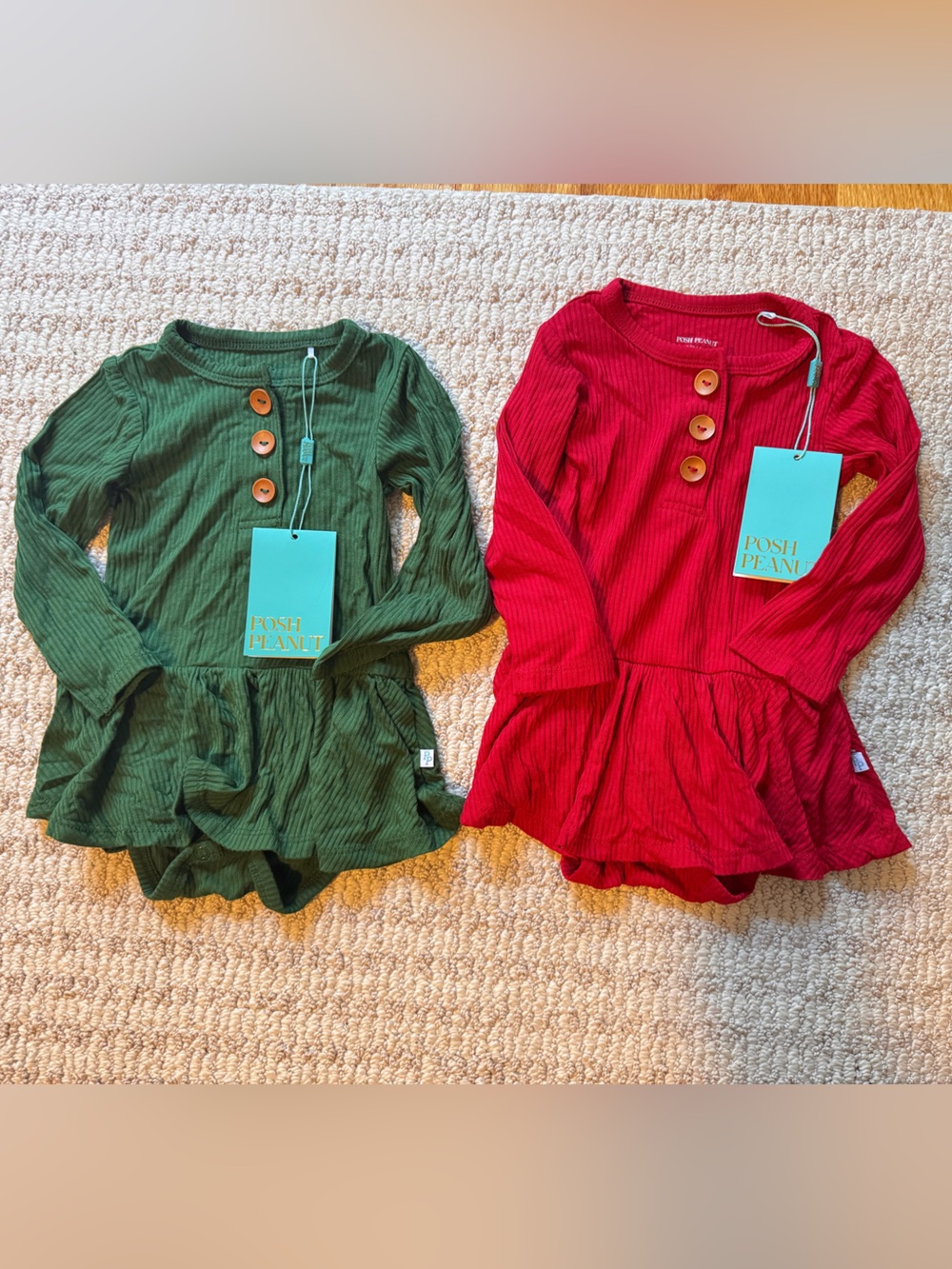 Posh peanut Ribbed Button Peplum Onesie - green & red